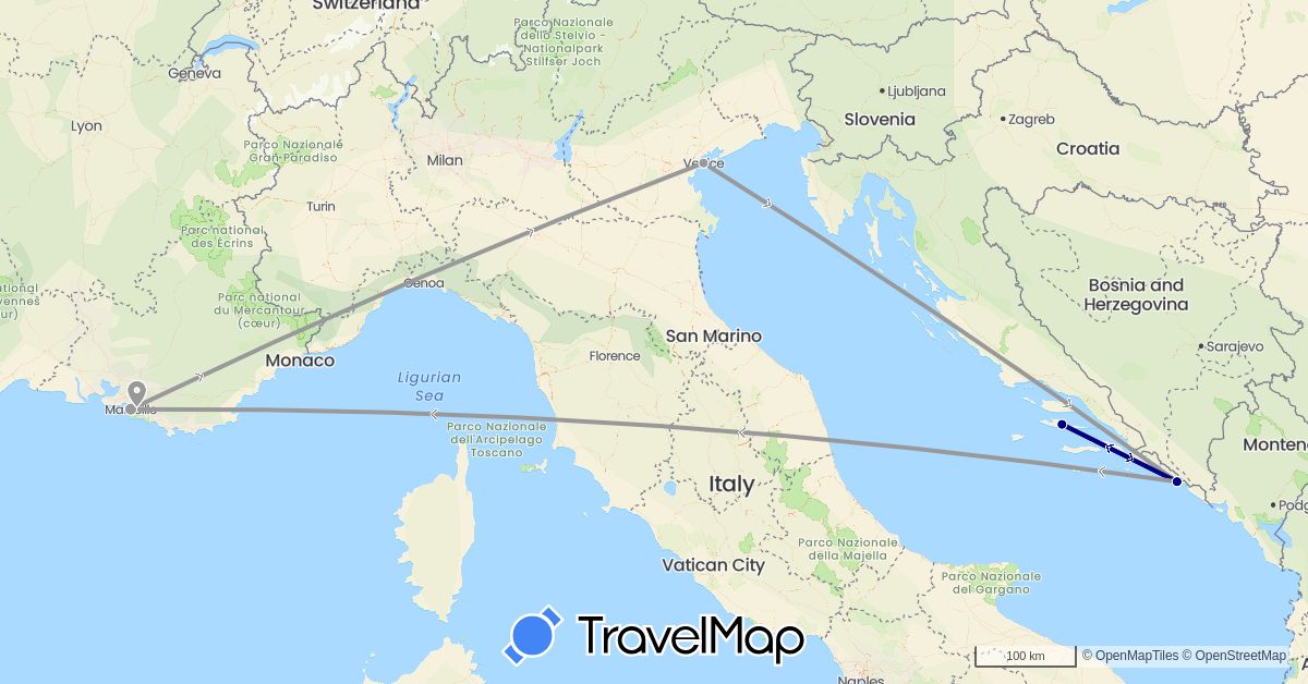 TravelMap itinerary: driving, plane in France, Croatia, Italy (Europe)